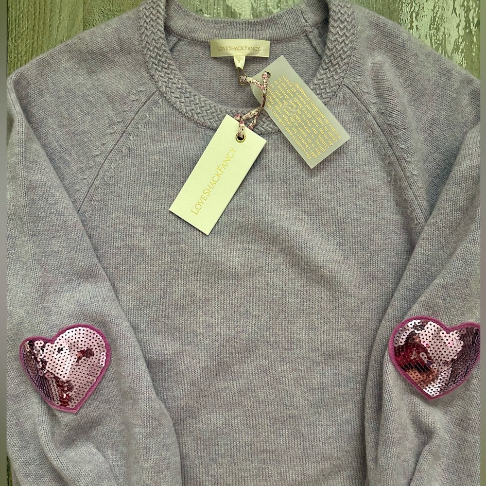 LoveShackFancy Purple Cashmere Blend Sequin Hearts Pullover Sweater NWT